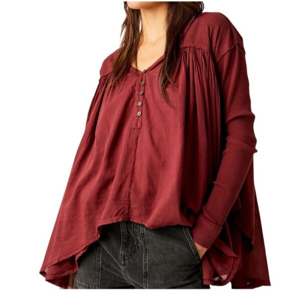 Free People We The Free Lyrical Flowy Tunic Top Ribbed Sleeves Burgundy Size S - Picture 15 of 15